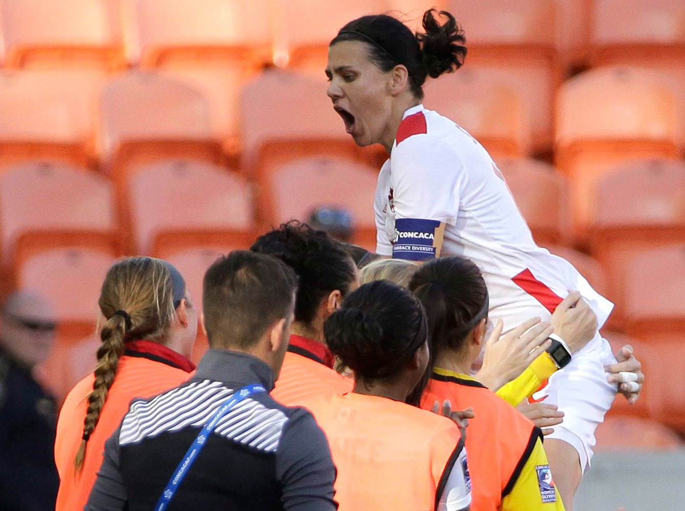 Christine Sinclair celebrates her first goal against Costa Rica during the Olympic qualifying semifinal match on February 19, 2016.