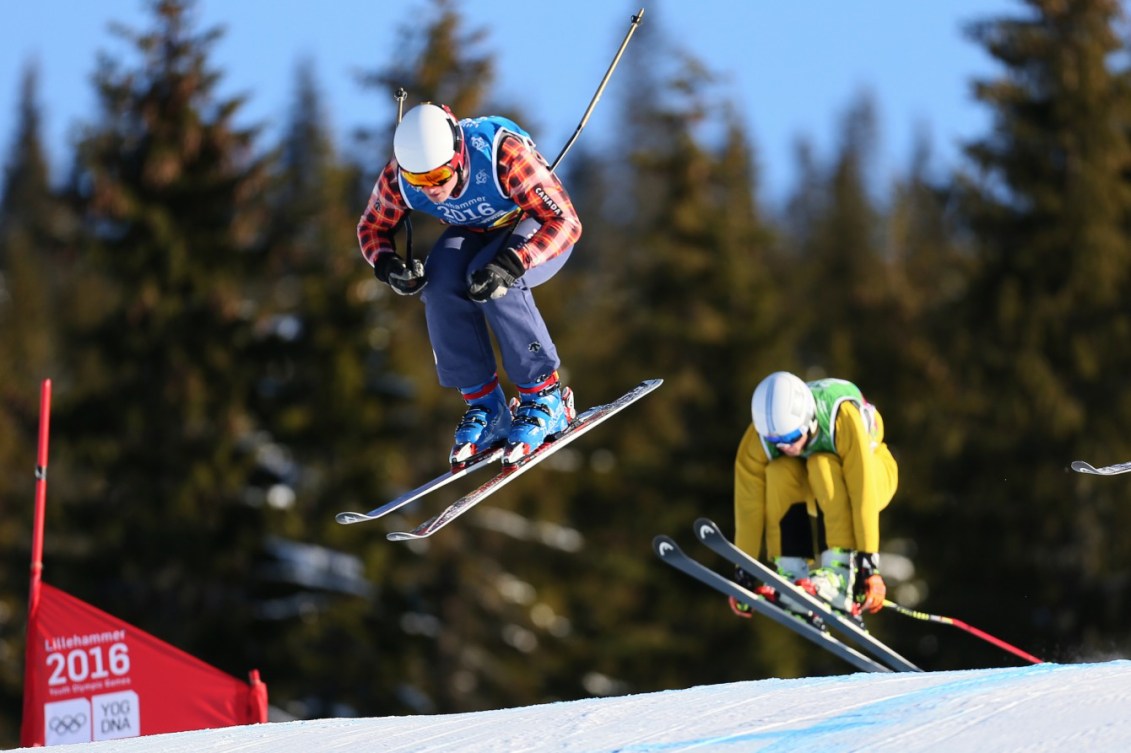 Reece Howden CAN (Left) and Cornel Renn GER compete during the Men's Ski Cross at the Hafjell Freepark at the Winter Youth Olympic Games, Lillehammer Norway, 15 February 2016. Photo: Arnt Folvik for YIS/IOC  Handout image supplied by YIS/IOC