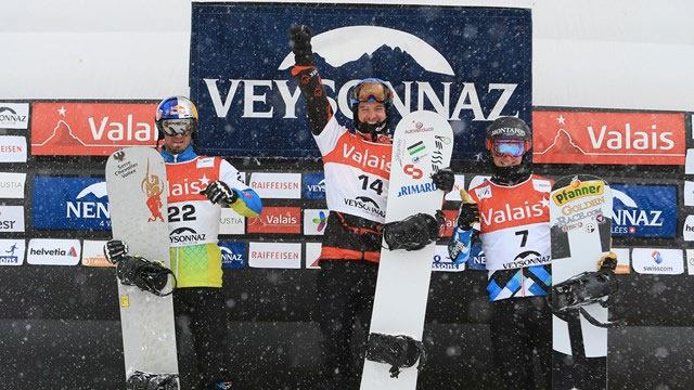 Baptiste Brochu tops a FIS World Cup snowboard cross podium in Switzerland on March 5, 2016. 