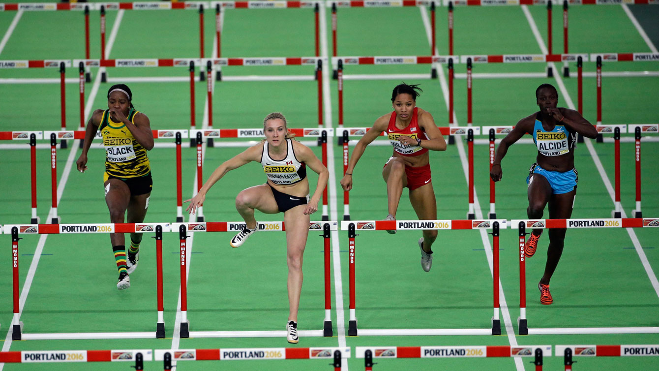Brianne Theisen-Eaton competes in the 60m hurdles portion of the pentathlon at the IAAF World Indoor Championships on March 18, 2016. 