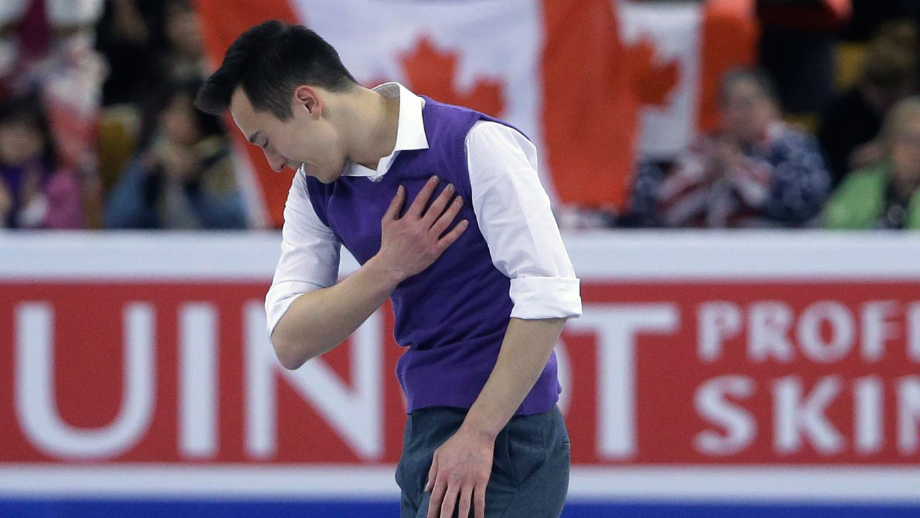 Patrick Chan at the conclusion of his short program at the ISU World Figure Skating Championships on March 30, 2016.