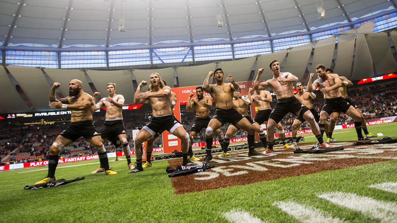 New Zealand celebrated in true All Blacks style, performing their notorious Haka, after proudly accepting the Vancouver Sevens cup (Photo: Derek Stevens via Rugby Canada).