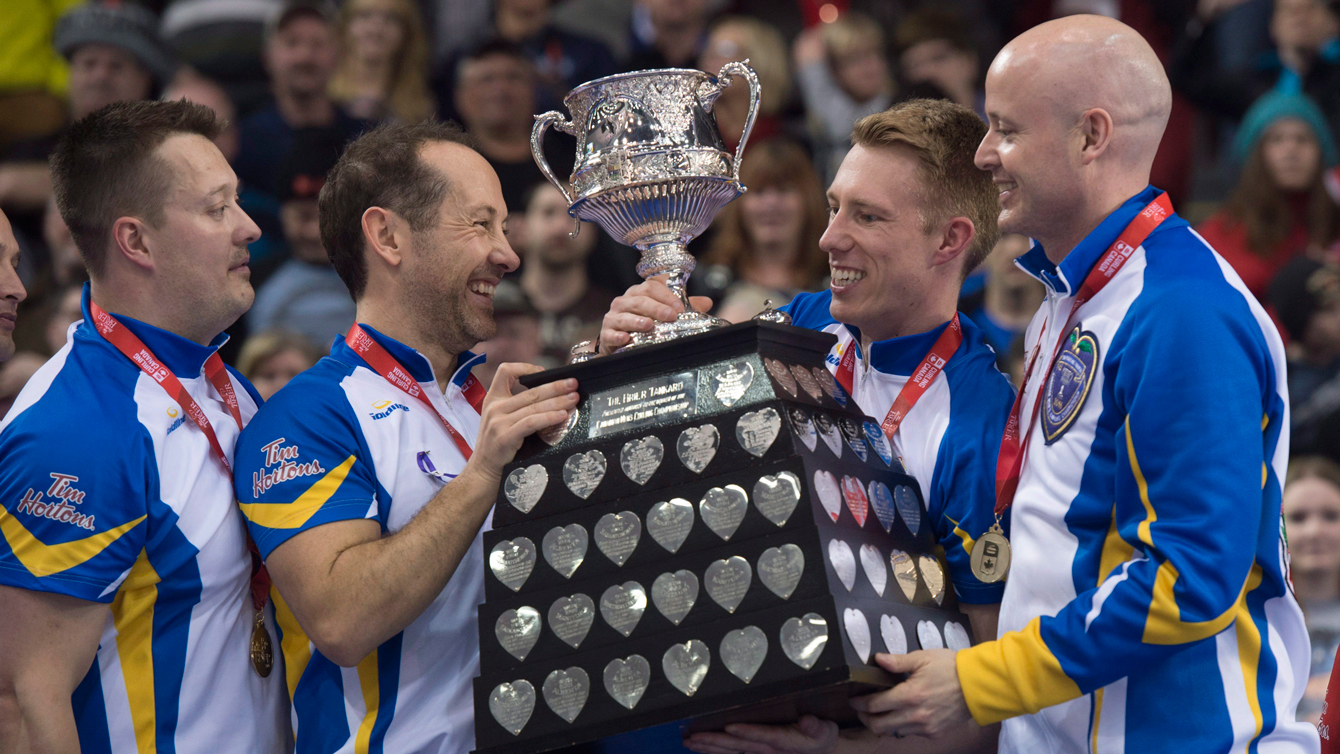 Kevin Koe and Team Alberta hold up the Brier Tankard trophy on March 13, 2016. 