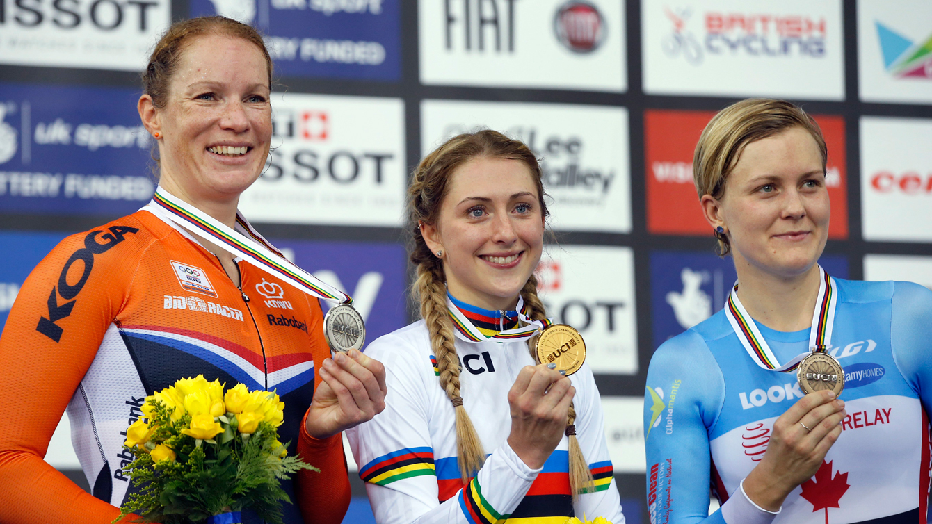 Stephanie Roorda, left, poses with her bronze Women’s Scratch medal at the World Track Cycling Championships in London on March 3, 2016. (Alastair Grant)