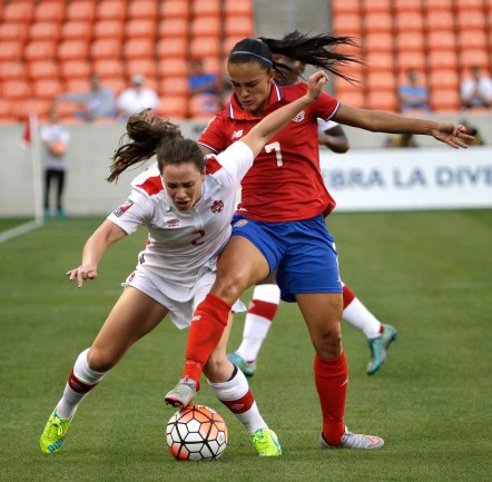 10805657 Canada's Allysha Chapman (2) challenges Costa Rica's Melissa Herrera (7) for the ball during the first half of a CONCACAF Olympic women's soccer qualifying championship semifinal Friday, Feb. 19, 2016, in Houston. (AP Photo/David J. Phillip)