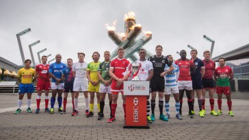 Team captains pose for a photograph at the Olympic cauldron to promote the World Rugby Sevens Series' Canada Sevens tournament in Vancouver, B.C., on Wednesday March 9, 2016. The two day tournament is scheduled to be held March 12 and 13. THE CANADIAN PRESS/Darryl Dyck
