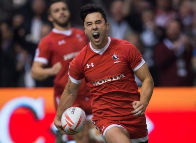 Canada's Nathan Hirayama celebrates a try against France during World Rugby Sevens Series' Canada Sevens Bowl final action, in Vancouver, B.C., on Sunday March 13, 2016. THE CANADIAN PRESS/Darryl Dyck