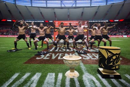 New Zealand players perform the haka after defeating South Africa during the World Rugby Sevens Series' Canada Sevens Cup final, in Vancouver, B.C., on Sunday March 13, 2016. THE CANADIAN PRESS/Darryl Dyck