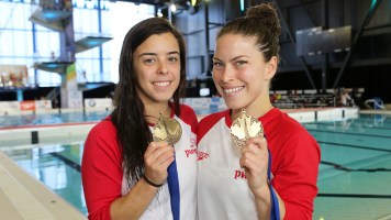 Benfieto Filion Meaghan Benfeito and Roseline Filion after winning the women's 10 synchro competition at the FINA Diving Grand Prix in Gatineau on April 9. (Greg Kolz)