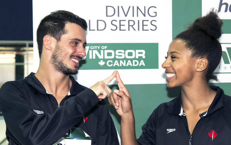 François Imbeau-Dulac and Jennifer Abel, after winning a 3m mixed synchro World Series silver in Windsor, on April 17 2016 (Photo : FINA)