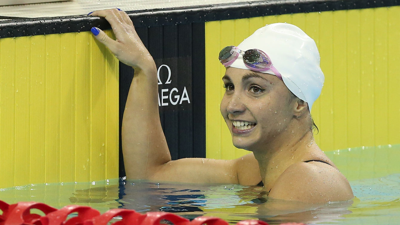 Audrey Lacroix smiles after winning the 200m butterfly at Rio Trials in Toronto on April 8, 2016 (Photo: Scott Grant via Swimming Canada).