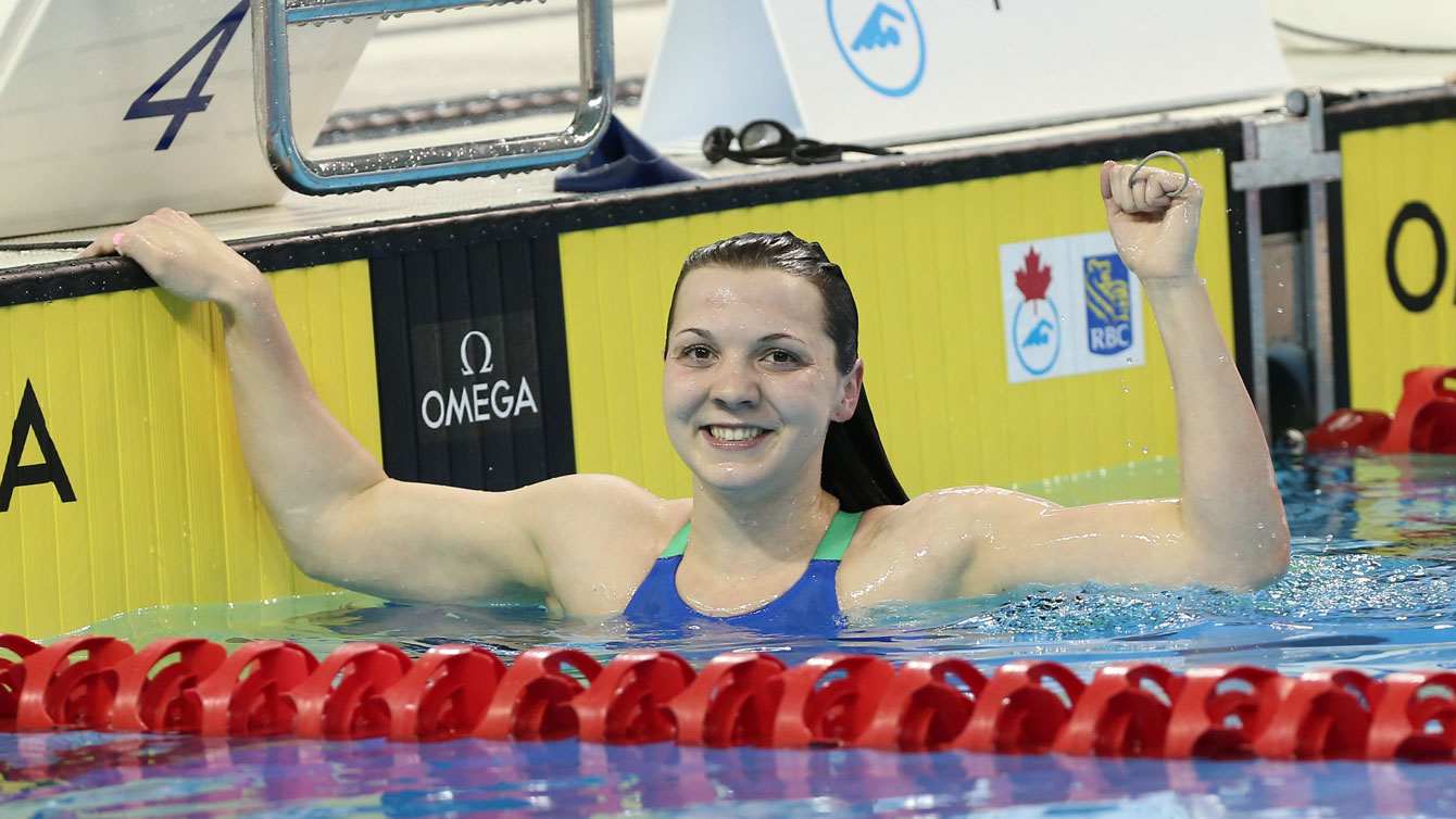 Brittany MacLean following the 400m freestyle at the national Olympic trials on April 5, 2016 (Photo: Scott Grant via Swimming Canada).