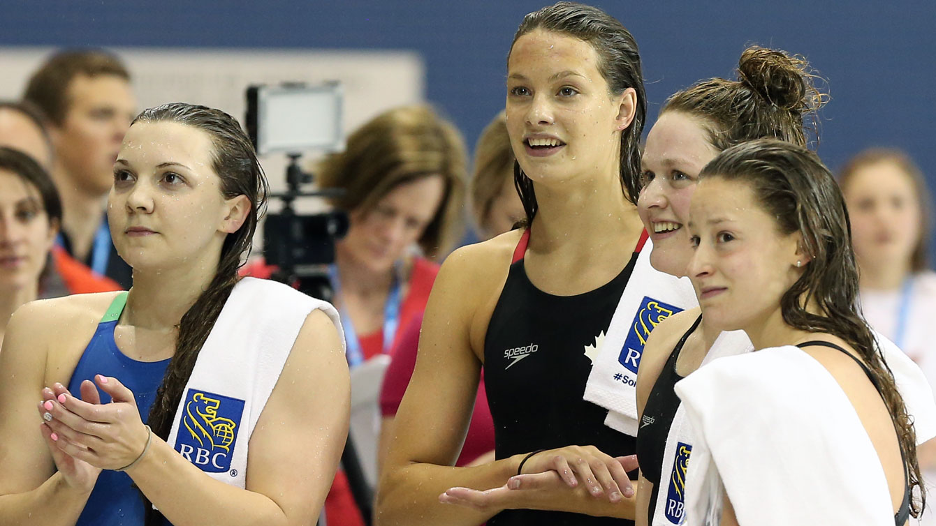 (L-R) Brittany MacLean, Penny Oleksiak, Kennedy Goss and Katerine Savard at the Swimming Canada Olympic trials (Photo: Scott Grant via Swimming Canada). 