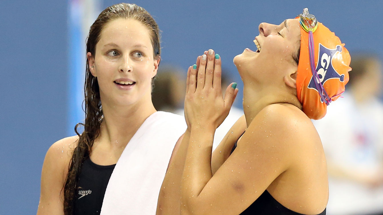 Sydney Pickrem (left) and Erika Seltenreich-Hodgson after the 200m IM at Rio Trials in Toronto on April 8, 2016 (Photo: Scott Grant via Swimming Canada).