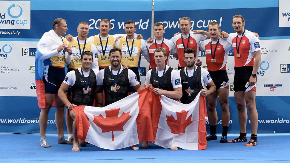 Silver medal-winning Canadian rowers in the front (L-R) Julien Bahain, Rob Gibson, Will Dean and Pascal Lussier at World Rowing Cup I on April 17, 2016 (Photo: Detlev Seyb/MyRowingPhoto.com via FISA/World Rowing).