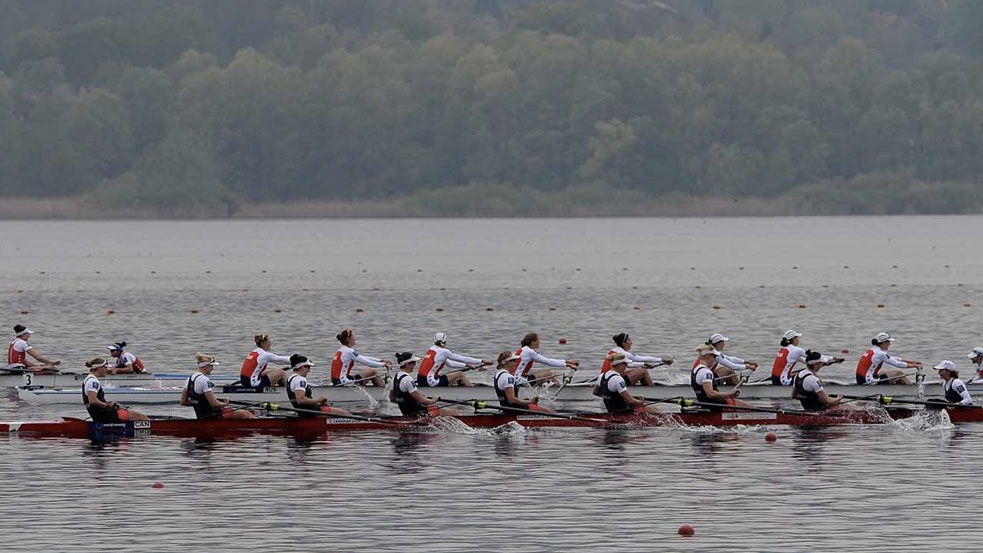 Canada's women's eight boat in the foreground, (L-R) Lisa Roman, Cristy Nurse, Natalie Mastracci, Susanne Grainger, Lauren Wilkinson, Ashley Brzozowicz, Christine Roper, Antje von Seydlitz-Kurzbach, Lesley Thompson-Willie at World Rowing Cup I in Varese, Italy on April 17, 2016 (Photo: Detlev Seyb/MyRowingPhoto.com via FISA/World Rowing).