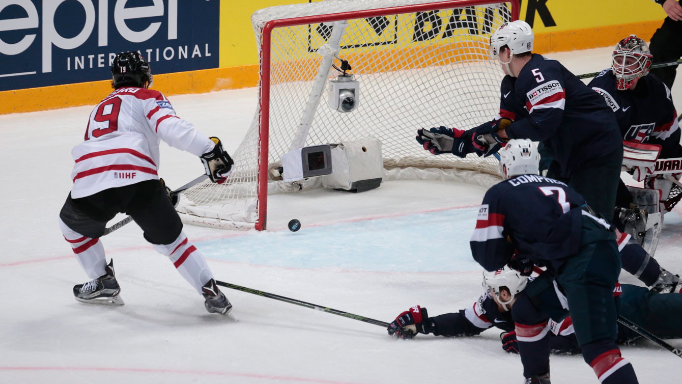 Derick Brassard scores against USA at the IIHF worlds semifinal on May 21, 2016.