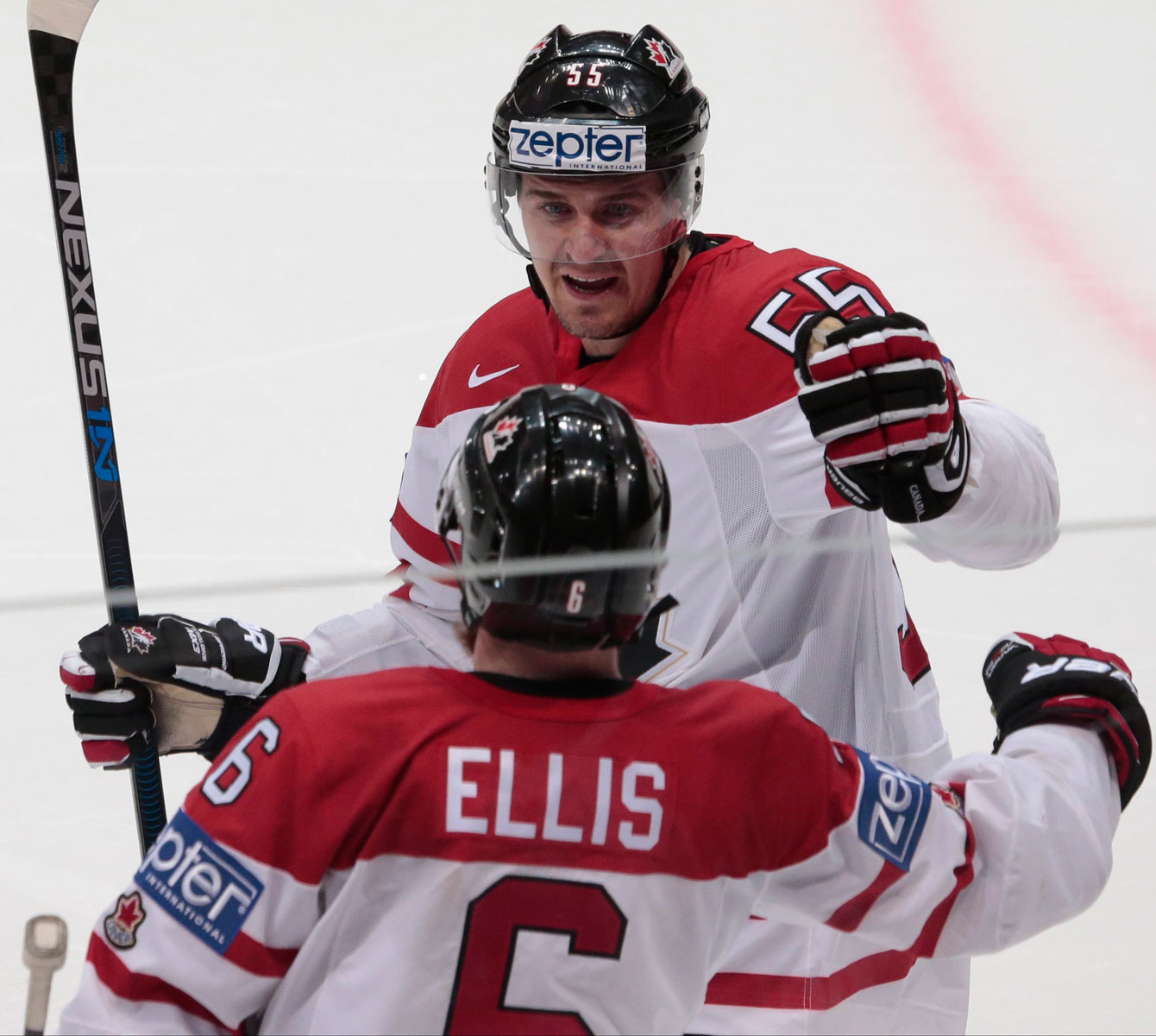 Ryan Ellis celebrates his game winning goal at IIHF worlds semifinal with Mark Scheifele on May 21, 2016.