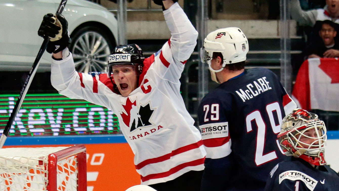 Corey Perry celebrates Ryan Ellis' goal at the IIHF World Championships semifinal against USA on May 21, 2016.