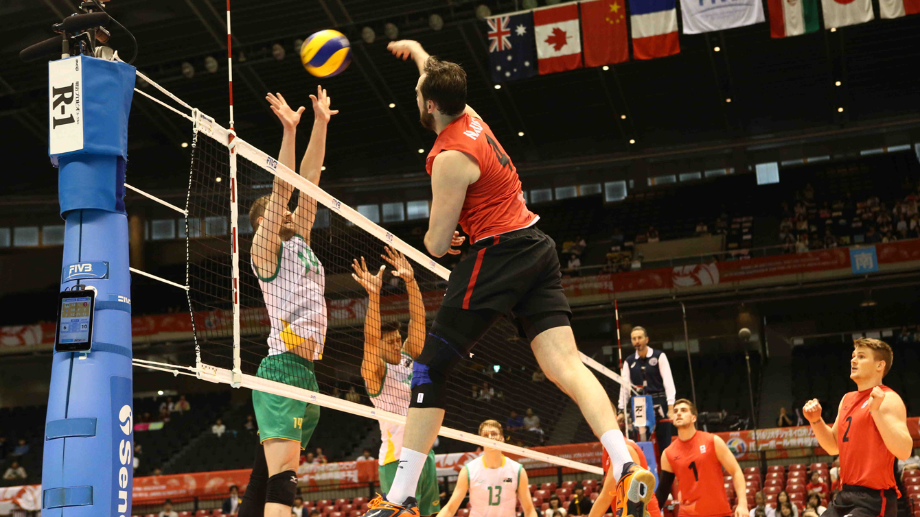 Canada's Paul Sanderson returns the ball on May 31, 2016 against Australia at the World Olympic Qualification Tournament in Tokyo. (Photo via FIVB)