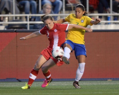 Allysha Chapman Debinha Canada's Allysha Chapman (2) fights for the ball against Brazil's Debinha during second half international women's soccer friendly action in Ottawa on Tuesday, June 7, 2016. THE CANADIAN PRESS/Sean Kilpatrick