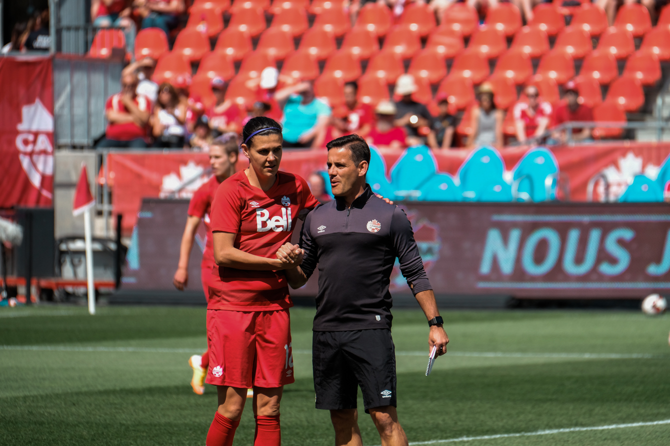 Christine Sinclair (left) and John Herdman before the international friendly in Toronto against Brazil on June 4, 2016.