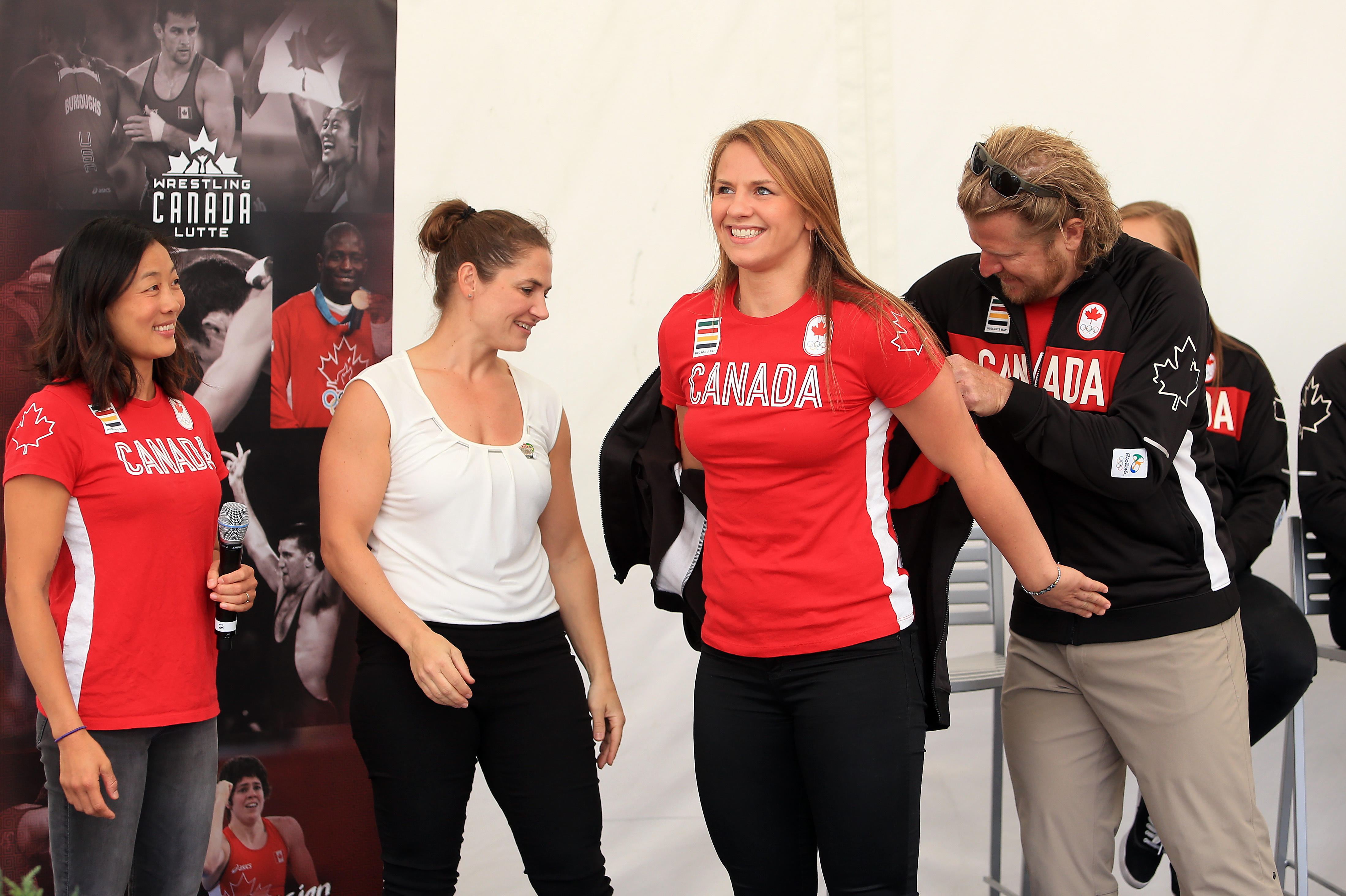 Erica Wiebe receiving her jacket during the wrestling announcement in Niagara on June 22, 2016.
