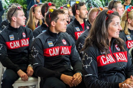 Kai Langerfield and the rest of Team Canada's rowers listen to the Olympic rowing team announcement on June 28, 2016 in Toronto. Photo: Tavia Bakowski