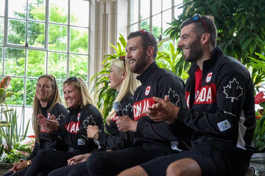 Carling Zeeman, Lindsay Jennerich, Cristy Nurse, Conlin McCabe and Pascal Lussier at the rowing team announcement on June 28, 2016 in Toronto. Photo: Tavia Bakowski