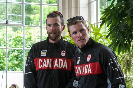 Conlin McCabe from men's four and Will Dean from men's quadruple sculls after the Olympic rowing team announcement on June 28, 2016 in Toronto. Photo: Tavia Bakowski