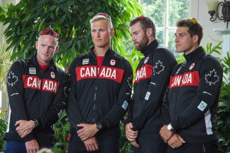 Members of Canada's men's four pose for a photo at Canada's Olympic rowing team announcement on June 28, 2016 in Toronto. Photo: Tavia Bakowski