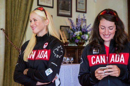 Cristy Nurse and Natalie Mastracci from women's eight at the Rowing team announcement on June 28, 2016 in Toronto. Photo: Tavia Bakowski