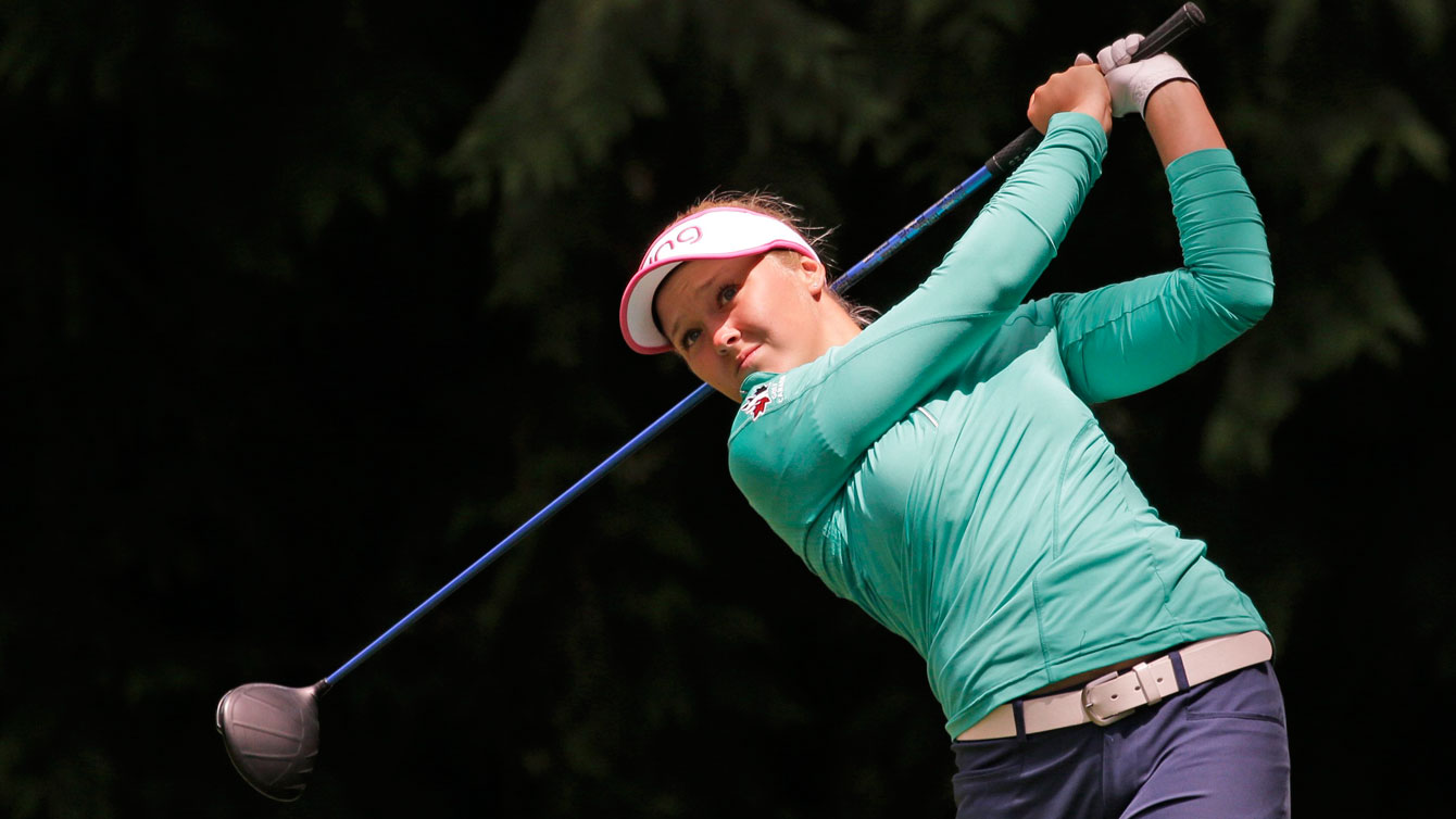 Brooke Henderson tees off in the fourth round of the Women's PGA Championship on June 12, 2016.