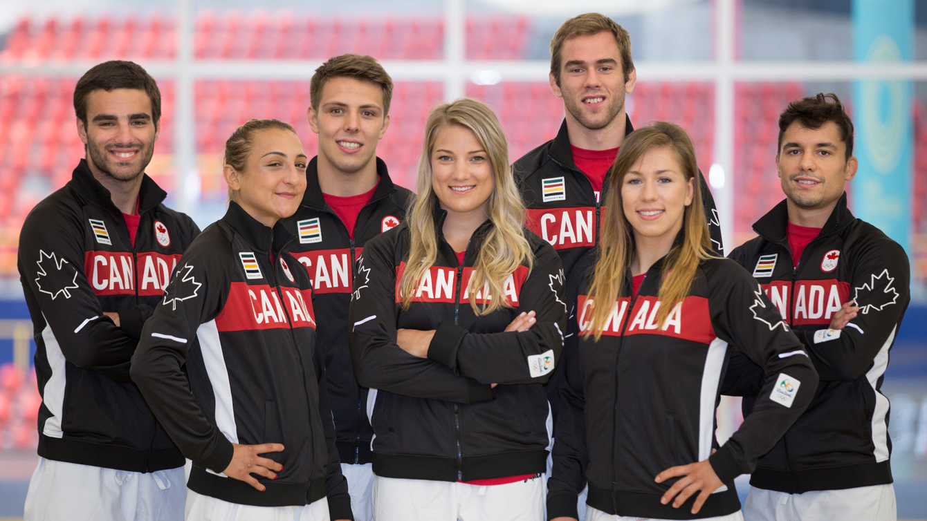 The Rio 2016 judo team (L-R) Antonio Bouchard, Ecaterina Guica, Arthur Margelidon, Kelita Zupancic, Antoine Valois-Fortier, Catherine Beauchemin-Pinard, Sergio Pessoa on June 28, 2016 (Kyle Reyes not available for photo).