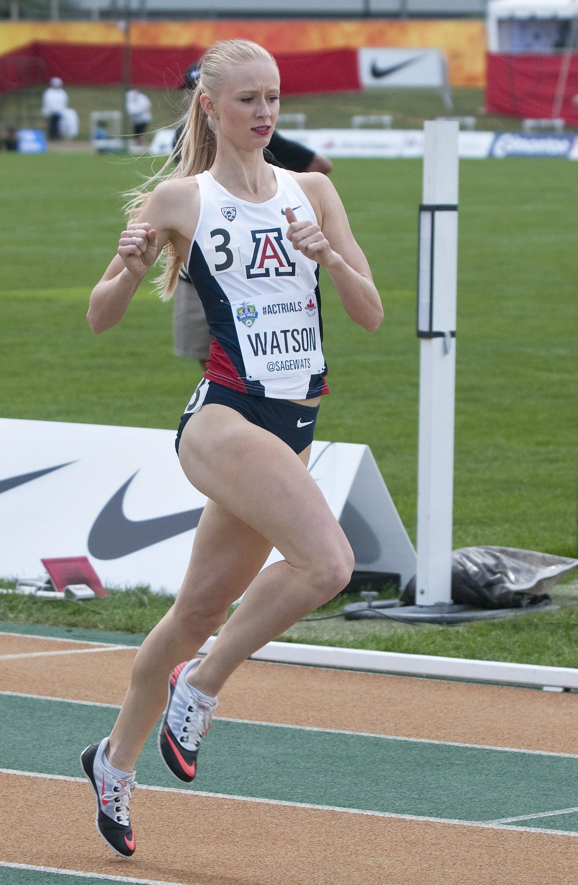 Sage Watson crosses the finish line in the senior women's 400m hurdle final at the Canadian Track and Field Championships and Selection Trials for the 2016 Summer Olympic and Paralympic Games, in Edmonton, Alta., on Friday, July 8, 2016. THE CANADIAN PRESS/Dan Riedlhuber