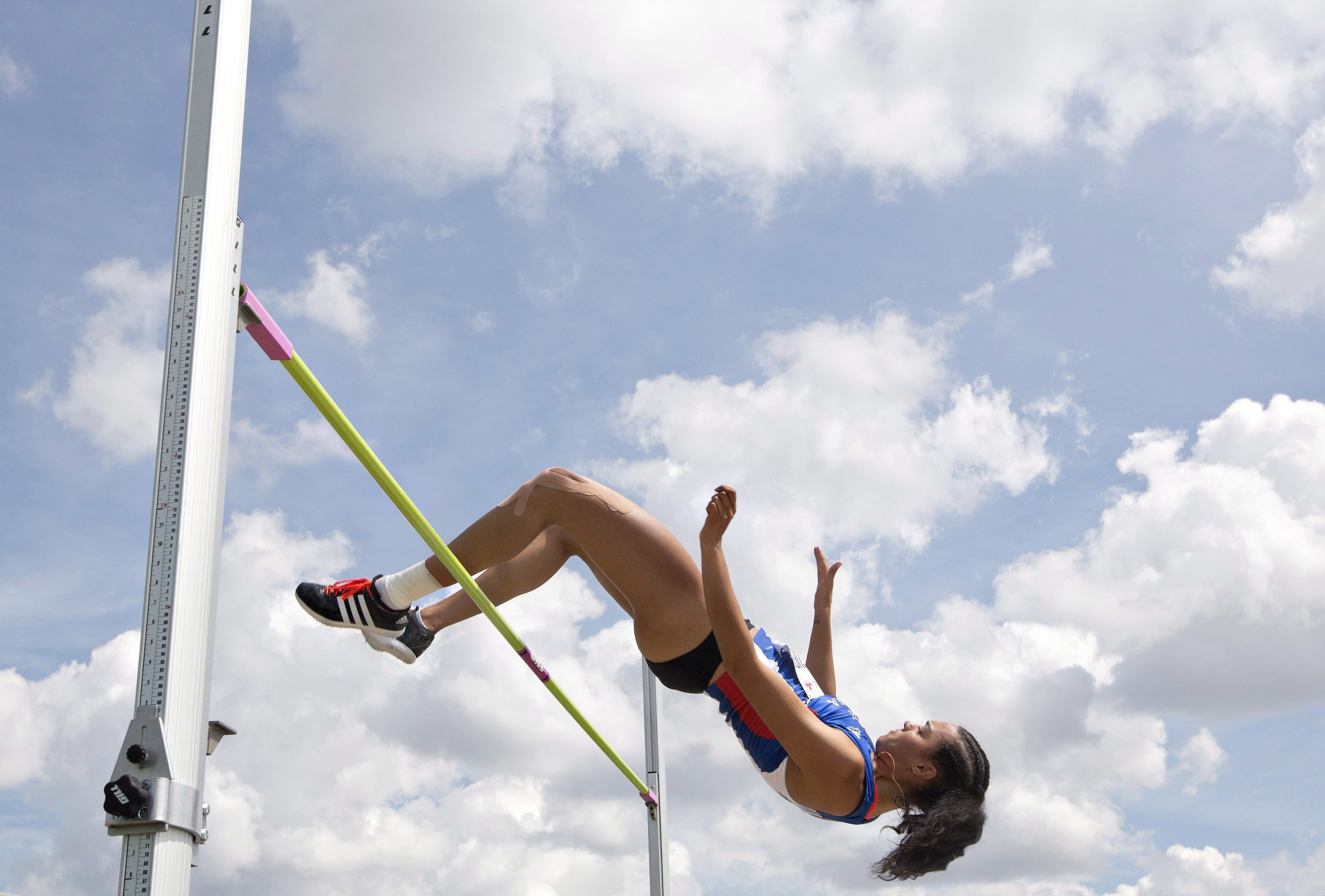 Alyxandria Treasure makes her jump during the senior women's high jump final at the Canadian Track and Field Championships and Selection Trials for the 2016 Summer Olympic and Paralympic Games, in Edmonton, Alta., on Saturday July 9, 2016.THE CANADIAN PRESS/Jason Franson
