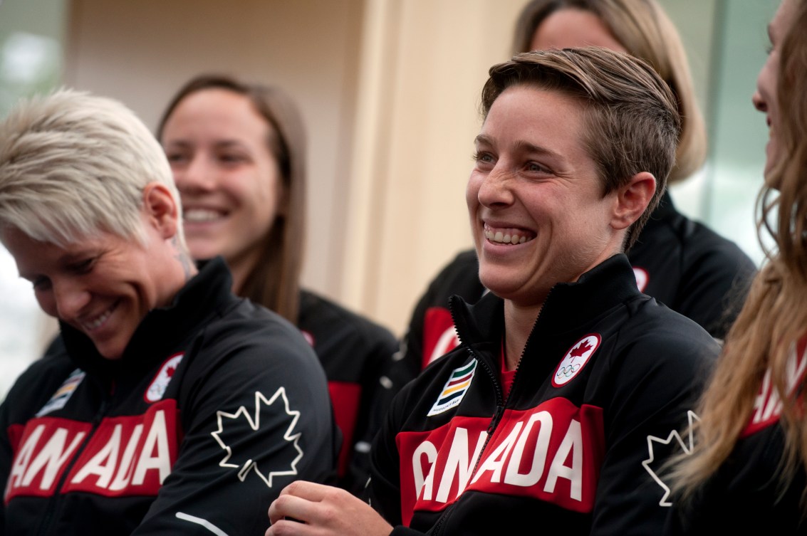 Ghislaine Landry speaks during the Team Canada Women's Rugby Sevens team announcement in Victoria, BC on July 8, 2016.