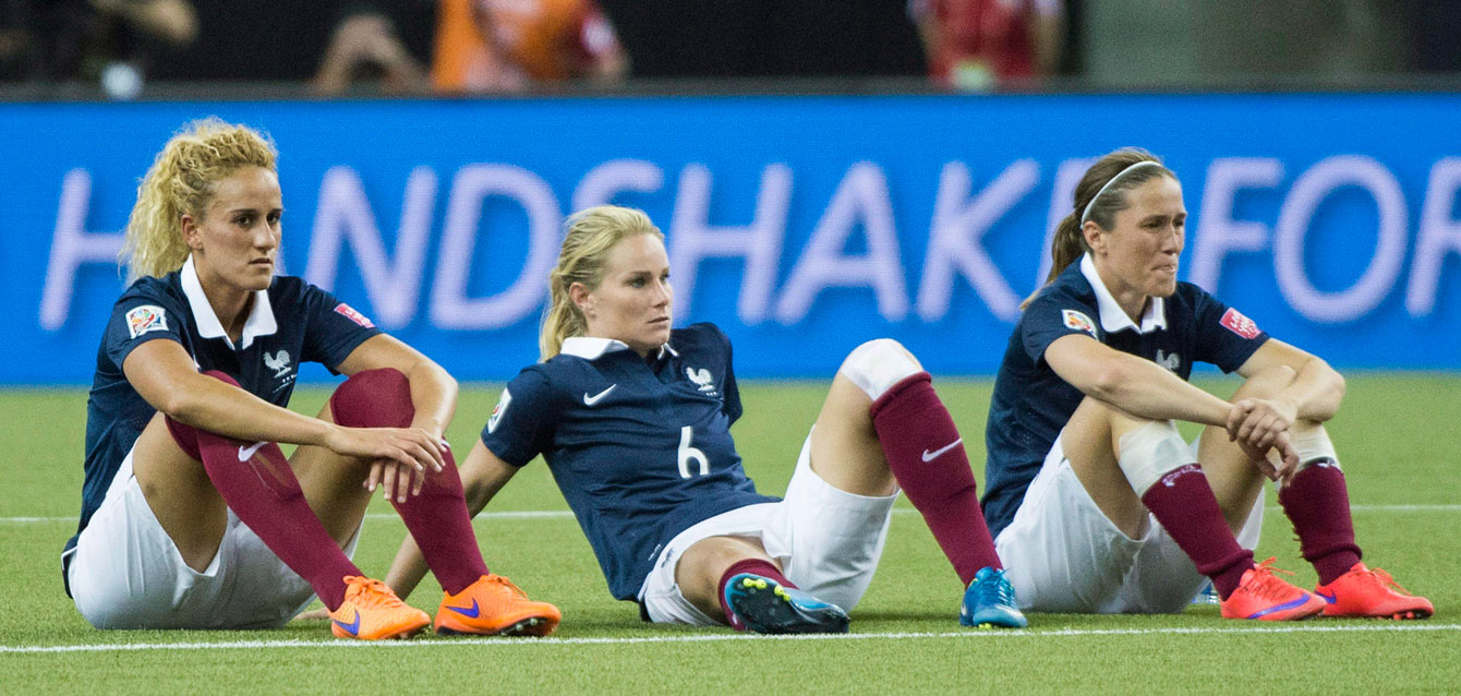 Camille Abily (right) of France after losing the FIFA Women's World Cup quarterfinal to Germany on June 26, 2015.