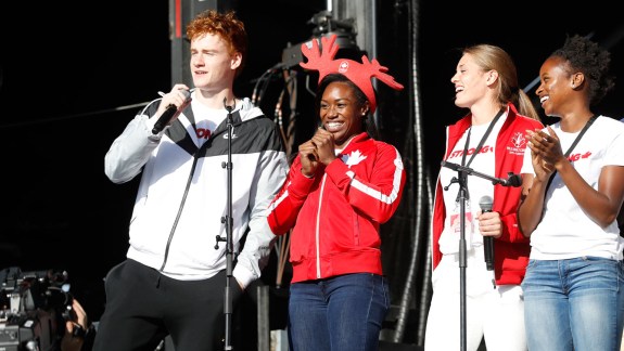 Runners and jumpers from Athletics Canada answers questions on main stage at Beach Party. July 1, 2016