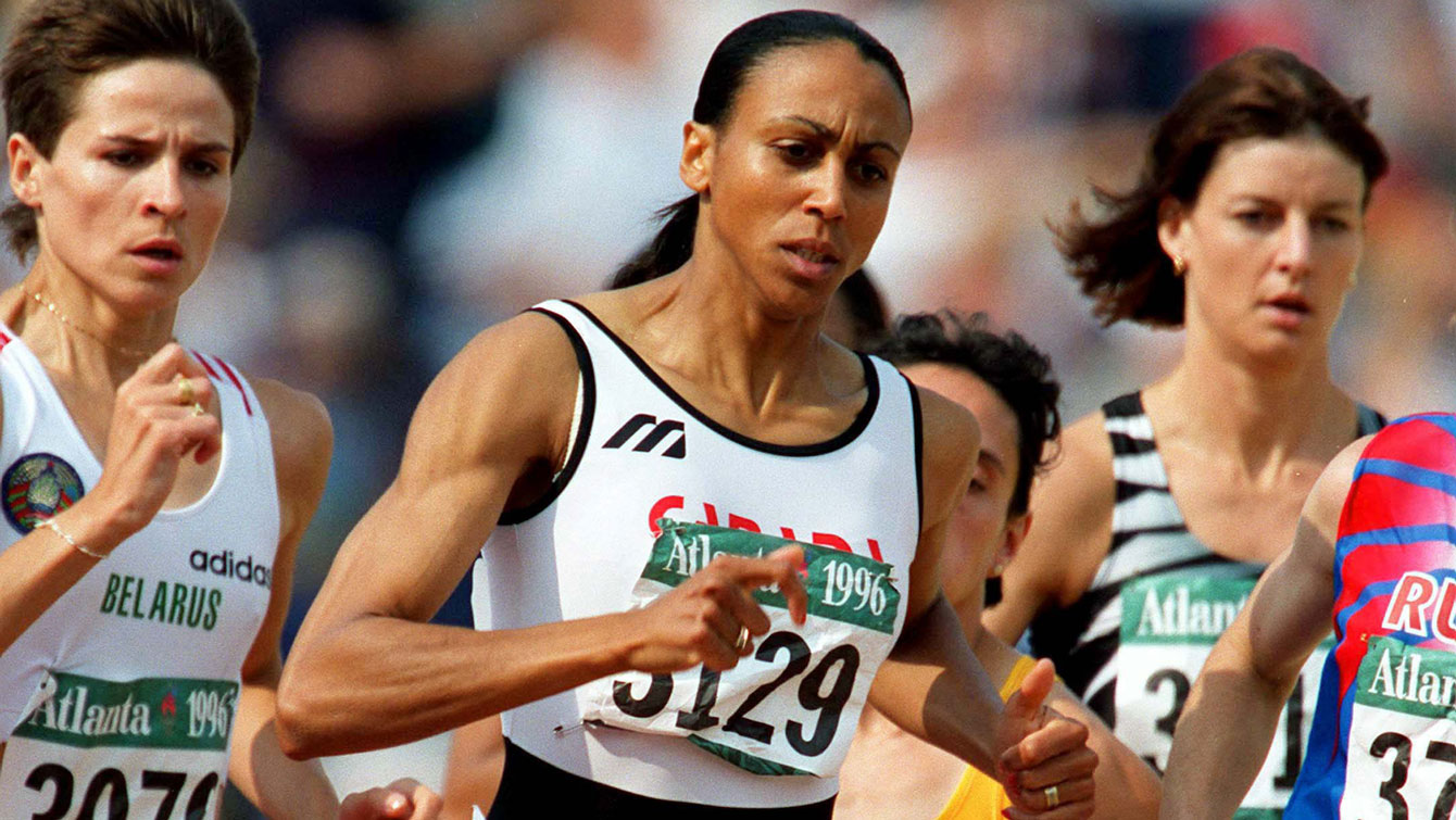 Canada's Charmaine Crooks competes in the 800m run at the 1996 Atlanta Summer Olympic Games.