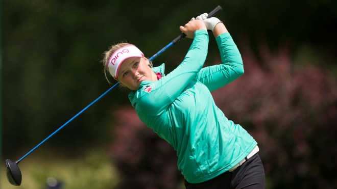 Brooke Henderson hits off the tee at the third hole of the Portland Classic on July 3, 2016.