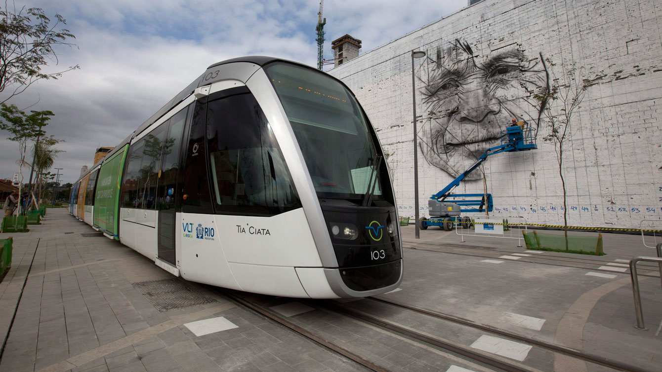 A light rail trains rumbles in Rio de Janeiro, Brazil, Thursday, July 7, 2016.