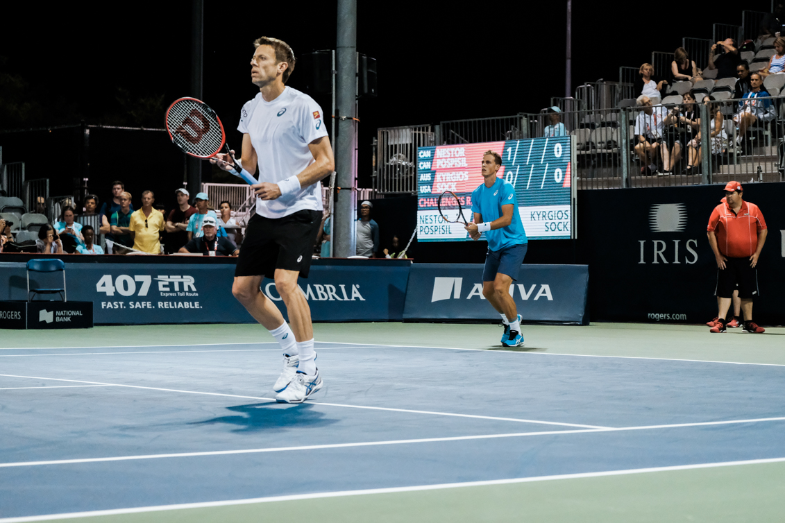 Canada’s Vasek Pospisil and Daniel Nestor play doubles at the Rogers Cup in Toronto on July 28, 2016. (Thomas Skrlj/COC)