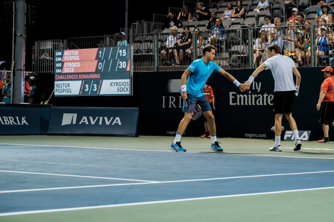 Canada’s Vasek Pospisil and Daniel Nestor play doubles at the Rogers Cup in Toronto on July 28, 2016. (Thomas Skrlj/COC)