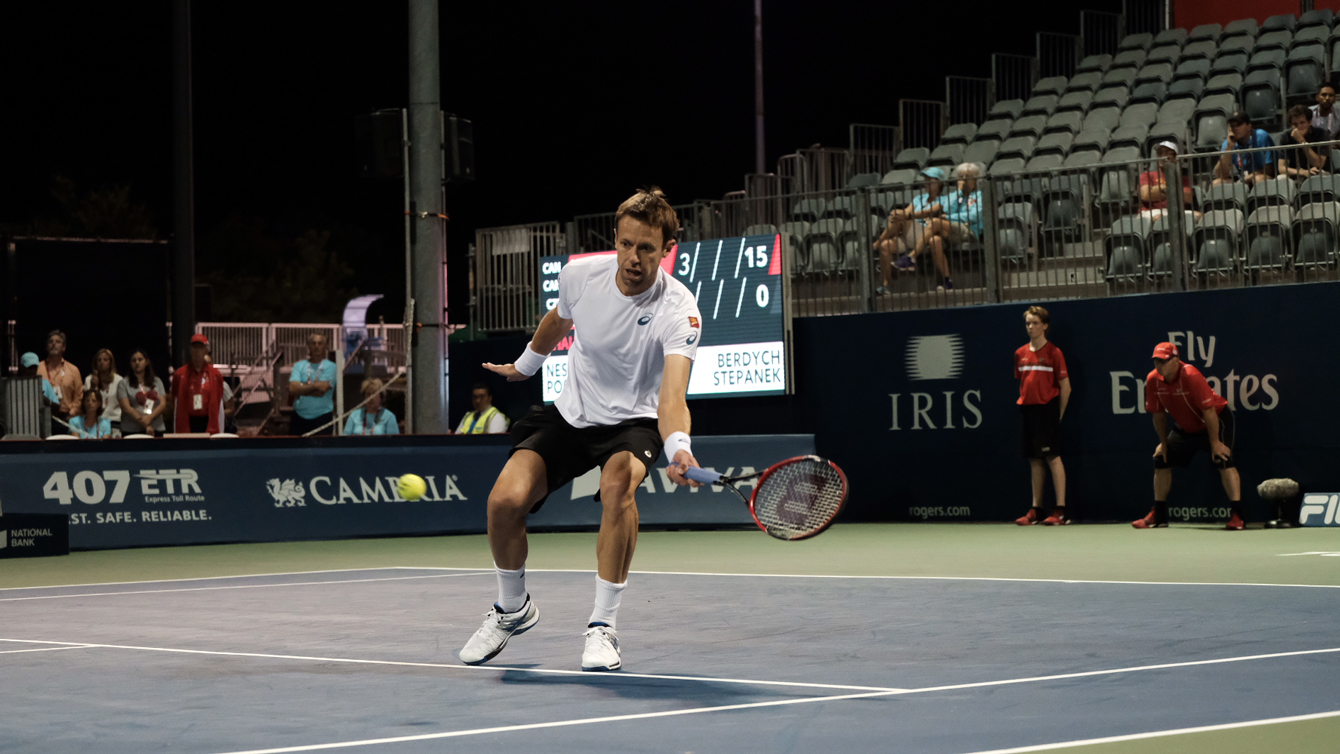 Canada's Daniel Nestor returns a ball in doubles play on July 29, 2016 at the Rogers Cup in Toronto. (Thomas Skrlj/COC)