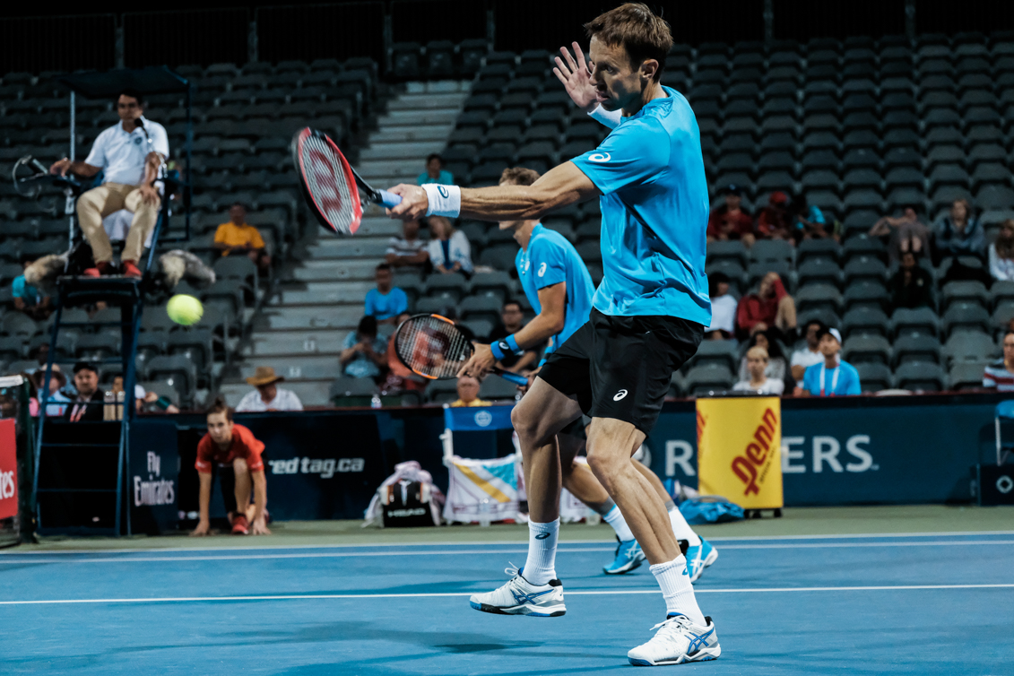 Canada’s Daniel Nestor in quarterfinals doubles action at the Rogers Cup in Toronto on July 29, 2016. (Thomas Skrlj/COC)