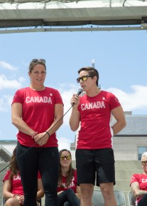 Ghislaine Landry and Kelly Russell answering questions during the Q&A portion of the Team Canada send-off on July 26, 2016. (Tavia Bakowski/COC)