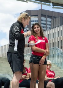 Bianca Farella and Chef de Mission, Curt Harnett during the Q&A portion of the Rugby Canada send-off celebration. July 26, 2016 (Tavia Bakowski/COC)
