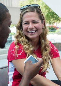 Ashley Steacy being interviewed after the Rugby sendoff on July 26, 2016. (Tavia Bakowski/COC)