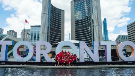 Rio 2016 Rugby Team for Canada after the send-off at Nathan Phillips Square on July 26, 2016. (Tavia Bakowski/COC)